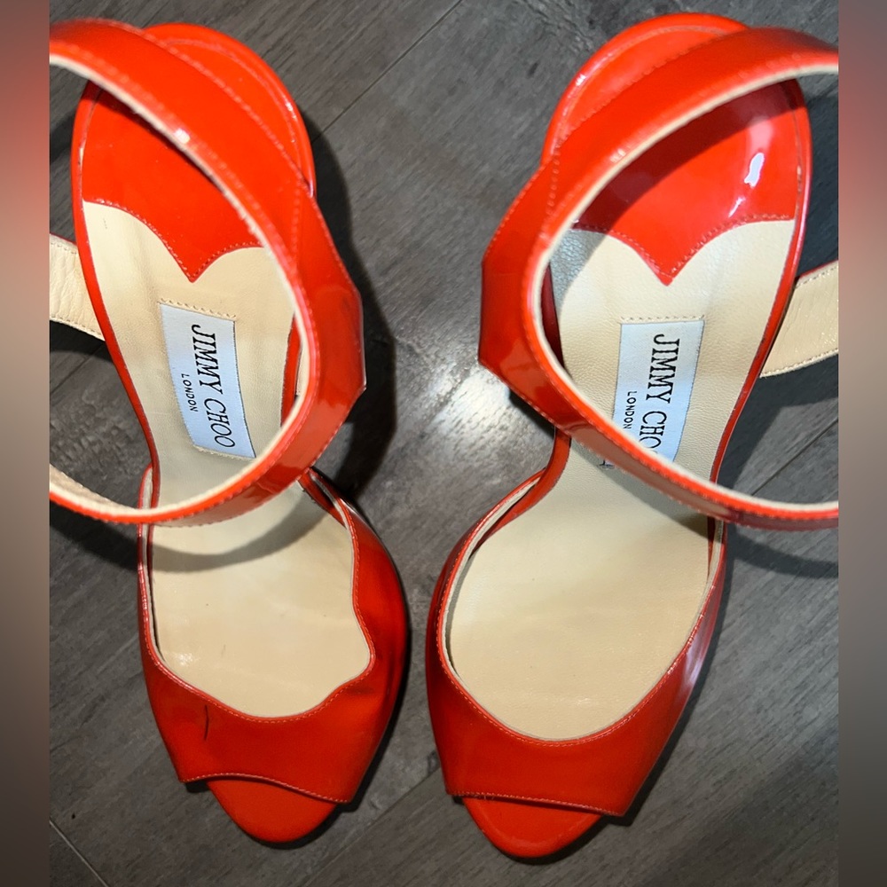 Jimmy Choo Linda Ankle-Wrap Patent Platform Sandal, Tangerine - Picture 8 of 10